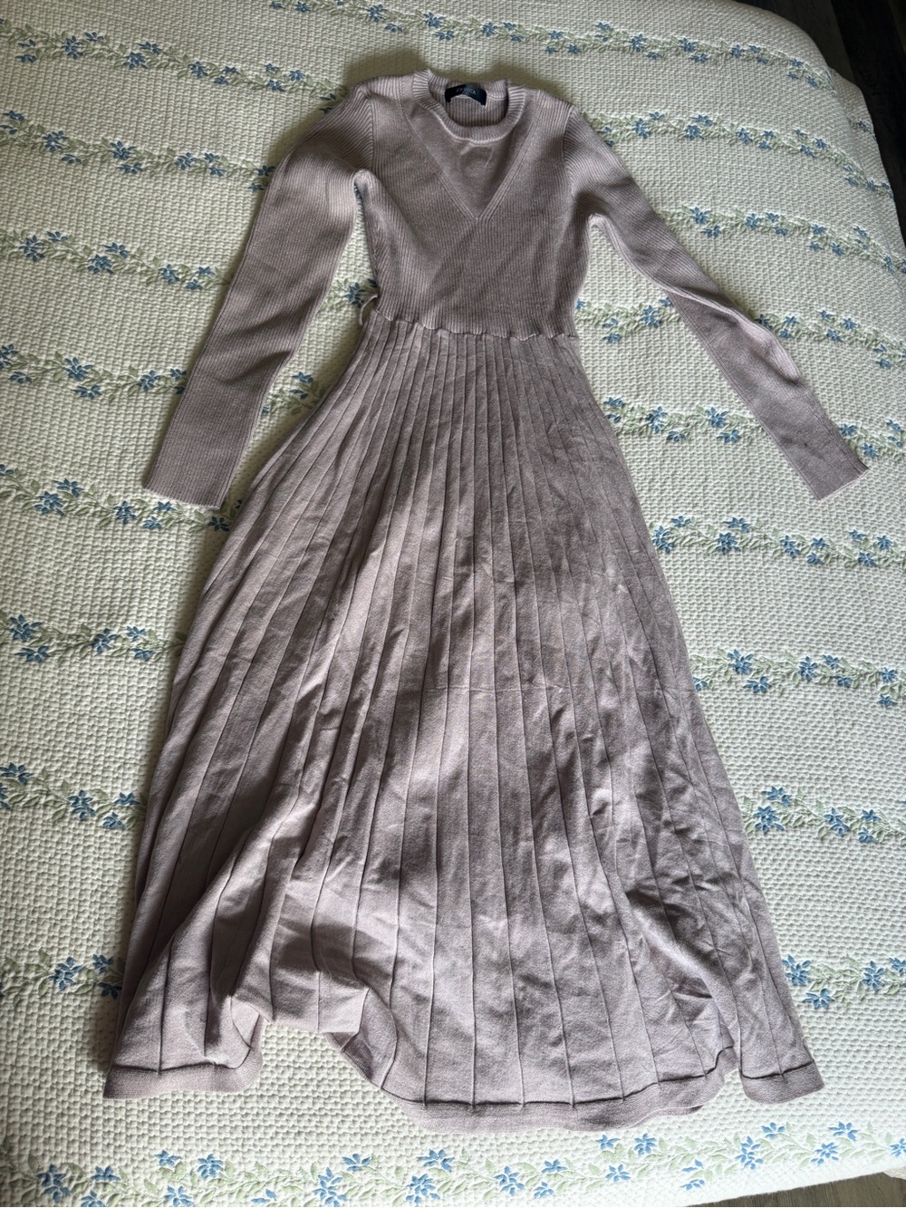 Pleated Long-Sleeve Knit Dress